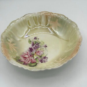 Vtg German Lusterware Porcelain Serving Bowl Yellow Cabbage‎ Rose Grannycore